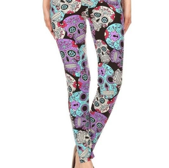 LEGGINGS DEPOT Purple & Pink Sugar Skull Full Length Leggings Size 12-20 NWT - Picture 5 of 7